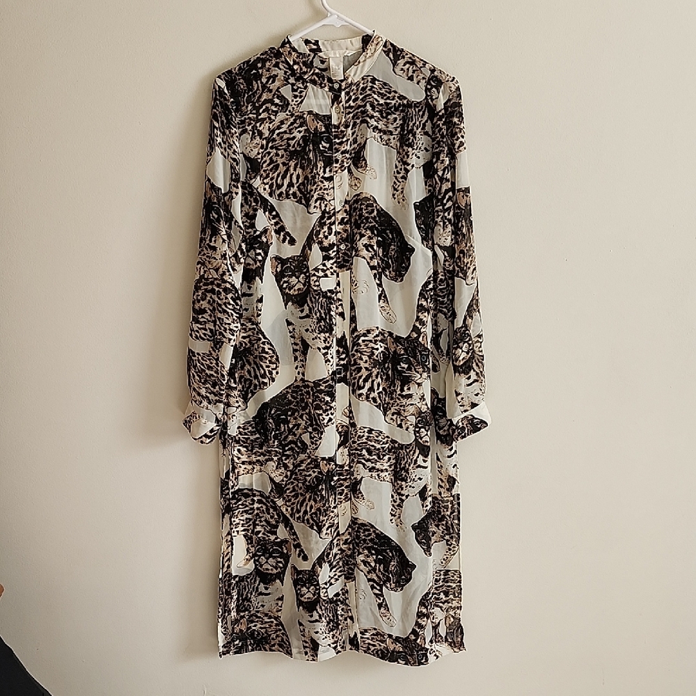 H&M Conscious Bengal Cat Print Sheer Tunic Top Kimono Long Sleeve Midi Dress